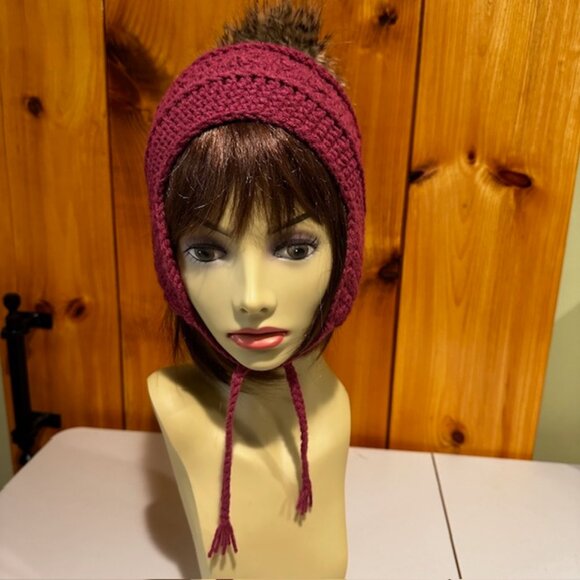 Wine Burgundy Hand Knit / Crochet Beanie with earflaps and Fur Pom Pom NEW - Picture 6 of 6
